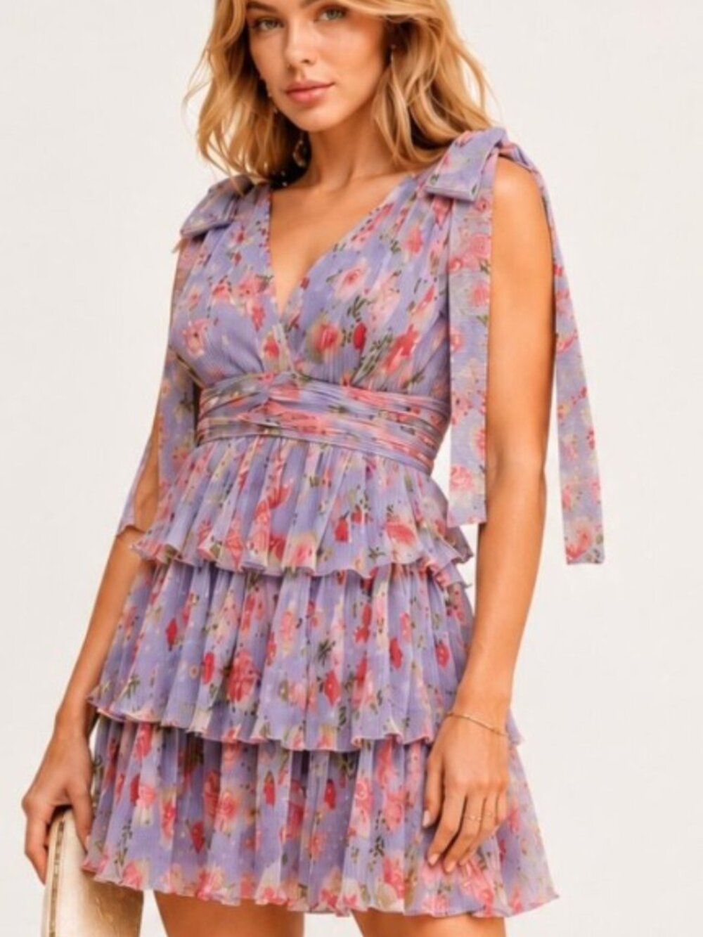 Sweet Lemon-Violet Blooms Floral Layered Mini Dress Size